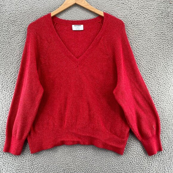 Old Navy Sweater Womens 2X Plus Red V Neck Raglan Sleeve Shaker Knit Pullover - Picture 1 of 9